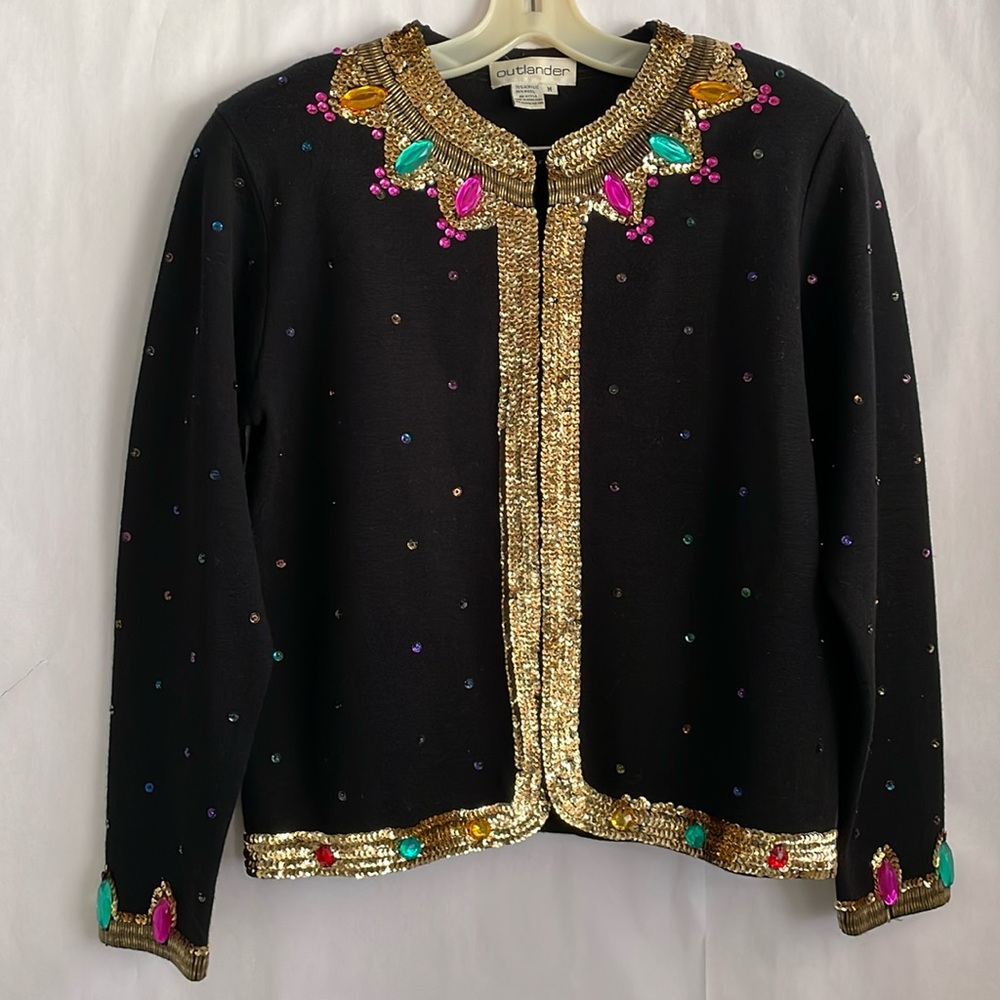 Outlander Cardigan with Gold Trim Sequins and Colorful Jewels, size M